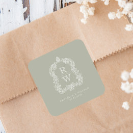 Monogram Crest Namen Sage Green Wedding Vierkante Sticker