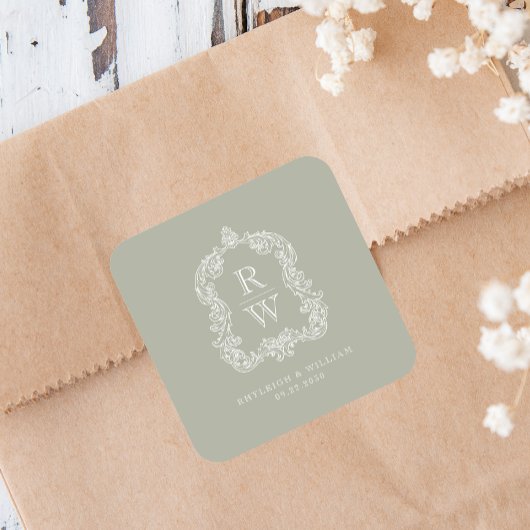  Monogram Crest Namen Sage Green Wedding Vierkante Sticker