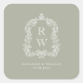  Monogram Crest Namen Sage Green Wedding Vierkante Sticker (Voorkant)