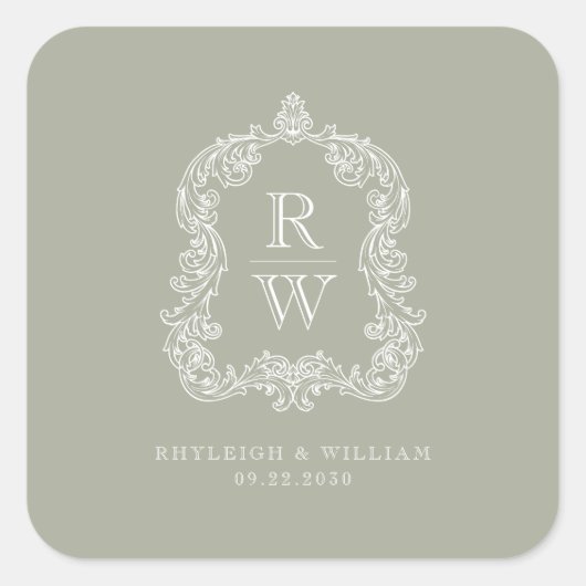  Monogram Crest Namen Sage Green Wedding Vierkante Sticker (Voorkant)