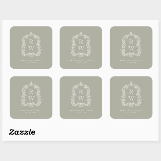  Monogram Crest Namen Sage Green Wedding Vierkante Sticker (Vel)