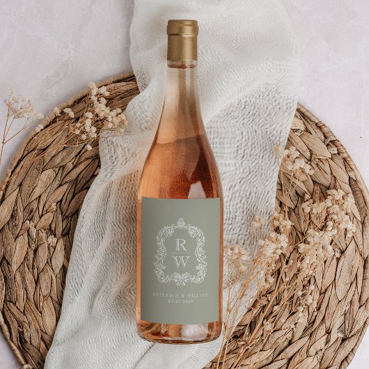  Monogram Crest Namen Sage Green Wedding Wijn Etiket