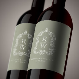 Monogram Crest Namen Sage Green Wedding Wijn Etiket