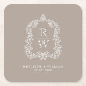  Monogram Crest Namen Taupe Huwelijk Kartonnen Onderzetters (Voorkant)