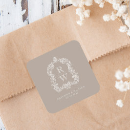  Monogram Crest Namen Taupe Huwelijk Vierkante Sticker