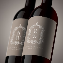  Monogram Crest Namen Taupe Huwelijk Wijn Etiket