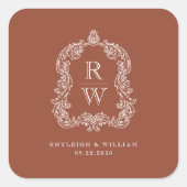  Monogram Crest Namen Terracotta Huwelijk Vierkante Sticker (Voorkant)