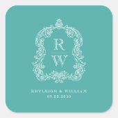  Monogram Crest Namen Turquoise Wedding Vierkante Sticker (Voorkant)