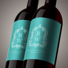  Monogram Crest Namen Turquoise Wedding Wijn Etiket