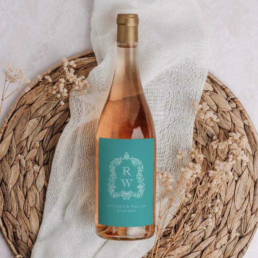  Monogram Crest Namen Turquoise Wedding Wijn Etiket