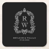 Monogram Crest Namen Zwart Wit Trouwen Kartonnen Onderzetters (Voorkant)