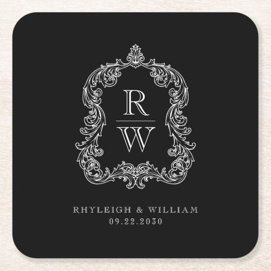 Monogram Crest Namen Zwart Wit Trouwen Kartonnen Onderzetters (Voorkant)