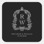  Monogram Crest Namen Zwart Wit Trouwen Vierkante Sticker (Voorkant)