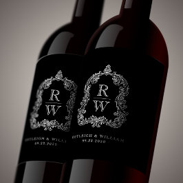  Monogram Crest Namen Zwart Wit Trouwen Wijn Etiket