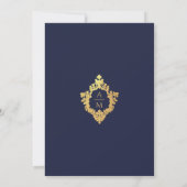  Monogram Crest Navy Blauw Faux Gold Bruiloft Kaart (Achterkant)
