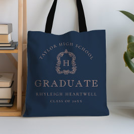 Monogram Crest Navy Blauwe Roos Afstuderen Tote Bag