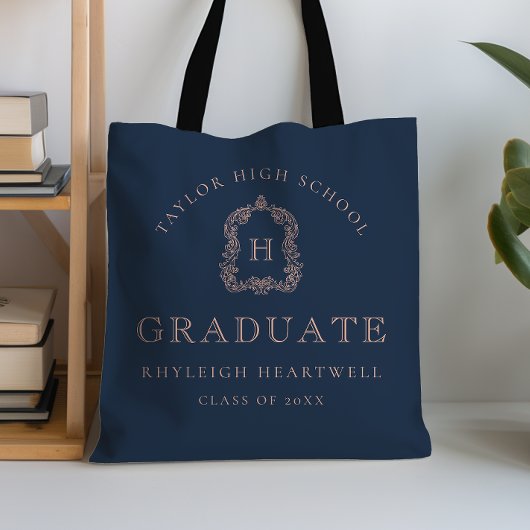 Monogram Crest Navy Blauwe Roos Afstuderen Tote Bag