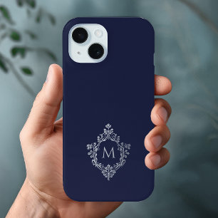 Monogram Crest Navy Blue Elegant  Initiaal iPhone 15 Case
