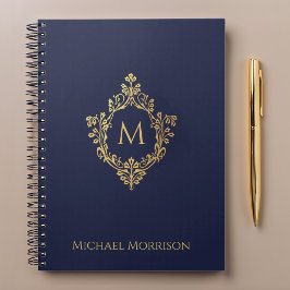 Monogram Crest Navy Blue Faux Gold Elegante Naam Notitieboek