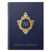 Monogram Crest Navy Blue Faux Gold Elegante Naam Notitieboek (Voorkant)