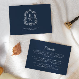 Monogram Crest Navy Blue Wedding Details Informatiekaartje