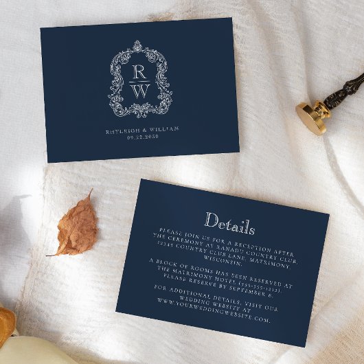 Monogram Crest Navy Blue Wedding Details Informatiekaartje