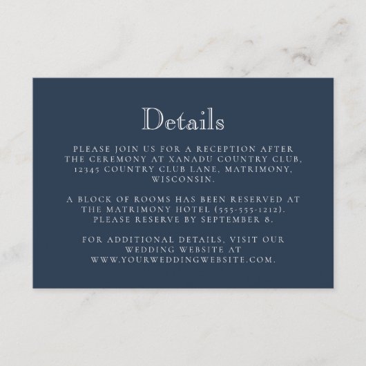 Monogram Crest Navy Blue Wedding Details Informatiekaartje (Voorkant)