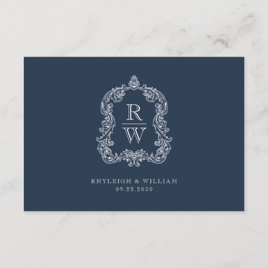 Monogram Crest Navy Blue Wedding Details Informatiekaartje (Achterkant)