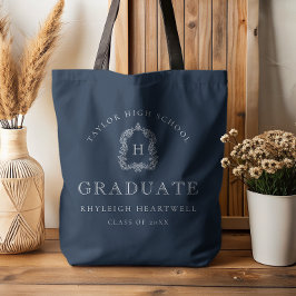 Monogram Crest Navy Blue White Graduation Tote Bag