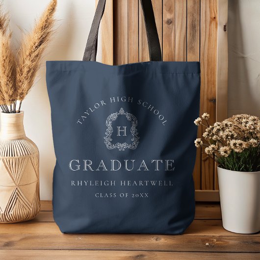 Monogram Crest Navy Blue White Graduation Tote Bag