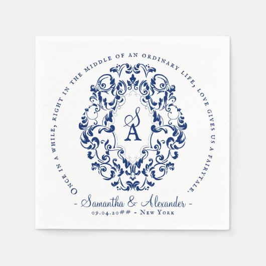 Monogram Crest Old Print Royal Blue Wedding Servet (Voorkant)