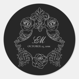 Monogram Crest Ornament Black & White Wedding Logo Ronde Sticker