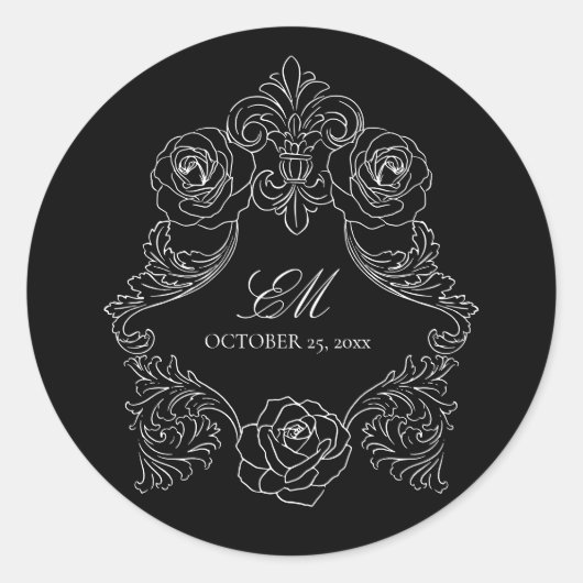 Monogram Crest Ornament Black & White Wedding Logo Ronde Sticker (Voorkant)