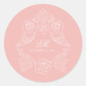 Monogram Crest Ornament Blozend Roze Bruiloft Ronde Sticker (Voorkant)