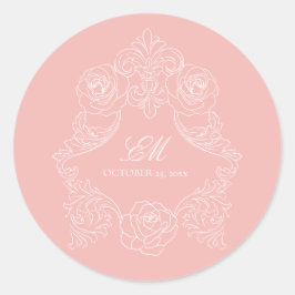 Monogram Crest Ornament Blush Pink Weddenschap Log Ronde Sticker