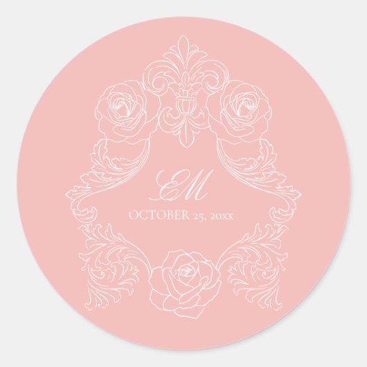 Monogram Crest Ornament Blush Pink Weddenschap Log Ronde Sticker (Voorkant)