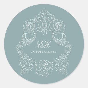 Monogram Crest Ornament Dusty Blue Wedding Logo Ronde Sticker