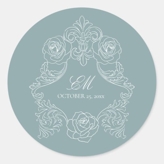 Monogram Crest Ornament Dusty Blue Wedding Logo Ronde Sticker (Voorkant)