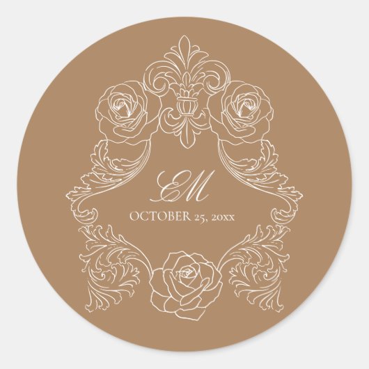 Monogram Crest Ornament Golden Brown Wedding Logo Ronde Sticker (Voorkant)