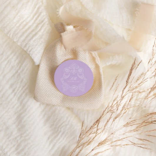 Monogram Crest Ornament Paars Violet Bruiloft Ronde Sticker