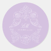 Monogram Crest Ornament Paars Violet Bruiloft Ronde Sticker (Voorkant)