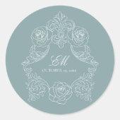 Monogram Crest Ornament Stofblauw Bruiloft Ronde Sticker (Voorkant)
