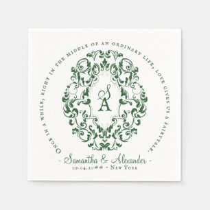 Monogram Crest Oude Print Smaragdgroene bruiloft Servet