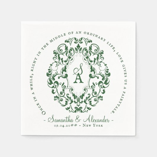Monogram Crest Oude Print Smaragdgroene bruiloft Servet (Voorkant)