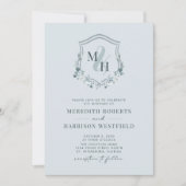 Monogram Crest QR Code RSVP Dusty Blue Wedding Kaart (Voorkant)
