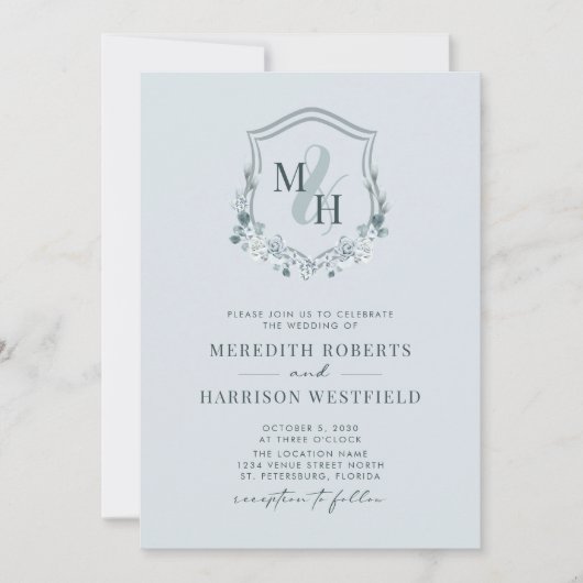 Monogram Crest QR Code RSVP Dusty Blue Wedding Kaart (Voorkant)