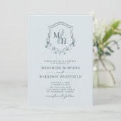 Monogram Crest QR Code RSVP Dusty Blue Wedding Kaart (Staand voorkant)