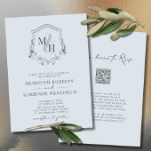 Monogram Crest QR Code RSVP Dusty Blue Wedding Kaart