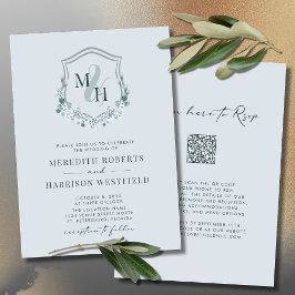 Monogram Crest QR Code RSVP Dusty Blue Wedding Kaart