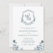 Monogram Crest QR-code Stusty Blue Floral Wedding Kaart (Voorkant)
